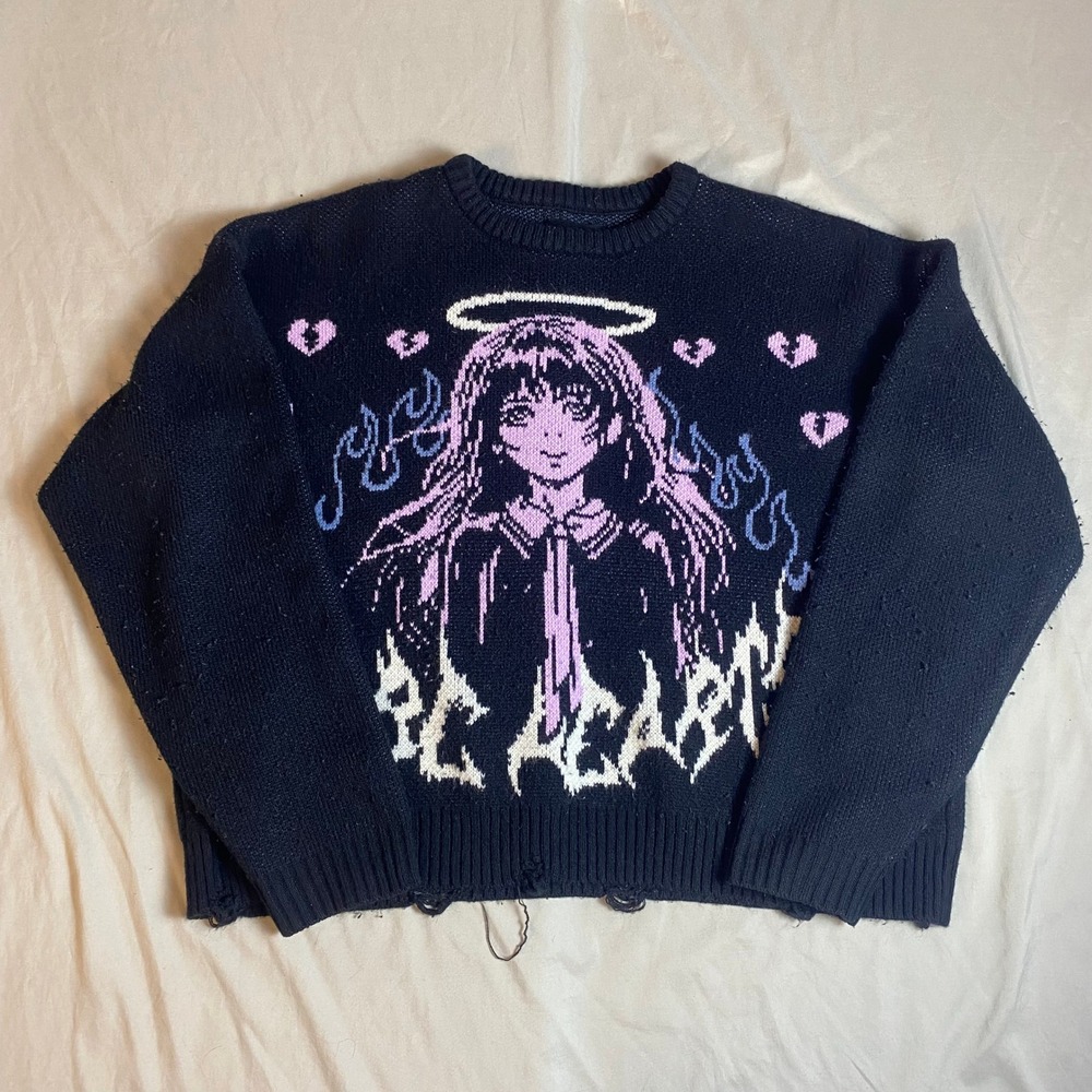 PacSun Men Black Anime Girl Be Heartless Distressed Knit Sweater Streetwear L